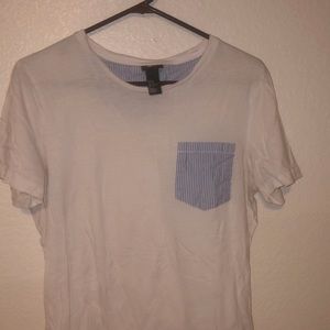 white shirt with blue and white stripe pocket